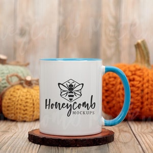 11 oz Light Blue Accent Mug Mockup, Fall Mug Mockup, Halloween Mug Mockup, Coffee Mug Mockup, Blue Two-Tone Mug Mockup, Blue Handle Mug Mock