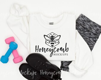 Gildan 18000 White Sweatshirt Mockup, Folded Sweatshirt Mockup, White Sweatshirt Mockup, Workout Themed Sweatshirt Mockup, G180 White Mockup