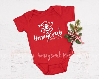 Rabbit Skins Red 4400 Christmas Mockup, Christmas Baby Mockup, Baby Bodysuit Mockup, Red One Piece Mockup, 4400 Mockup, Winter Baby Mockup