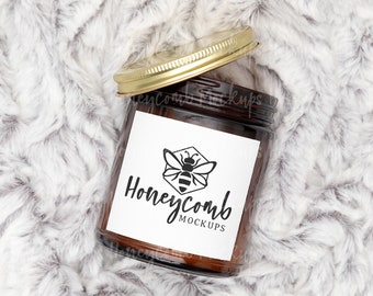 Amber Jar Candle Mockup with Gold Lid, Printed Mint 9oz Amber Candle Mockup, Soy Candle Mockup, Candle Branding Mockup, Candle Label Mockup