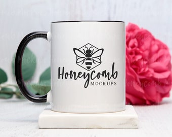 11oz Black Accent Mug Mockup, Valentines Mug Mockup, Mug Mockup with Roses, Black Handle Mug Mockup, Coffee Mug Mockup, Styled Mug Photo