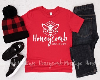Bella Canvas 3001Y Mockup Red, Kids Christmas Mockup, 3001Y Boys Mockup, Red 3001 Youth Mockup , Bella Canvas Kids Mockup, Red 3001Y Mockup