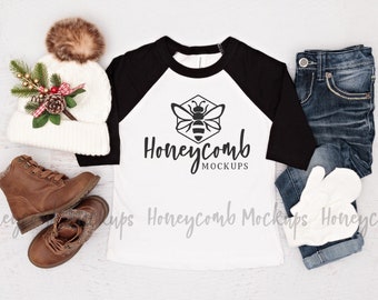 Bella Canvas 3200T Mockup, Toddler Raglan Mockup, White and Black 3200T, Toddler Winter Mockup, Toddler Girl Mockup, Kids Flat Lay Mockup