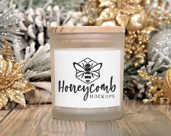 11oz Frosted Glass Candle Mockup with Wood Lid, Christmas Candle Mockup, Printed Mint 11oz Candle Frosted Glass Mockup, Candle Label Mockup