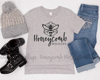 Bella Canvas 3001Y Mockup Athletic Heather, Kids Tshirt Mockup, Bella Canvas Kids Mockup, 3001Y Girls Mockup, 3001Y Athletic Heather Mockup