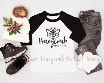 Bella Canvas 3200T Mockup, Toddler Raglan Mockup, White Black 3200T, Toddler Winter Mockup, Toddler Boy Mockup, Kids Flat Lay Mockup