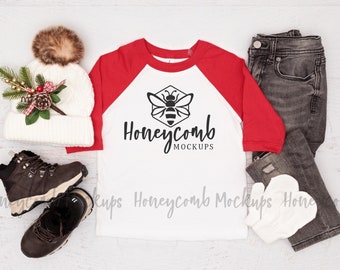 Bella Canvas 3200T Mockup, Toddler Raglan Mockup, White Red 3200T, Toddler Winter Mockup, Toddler Boy Mockup, Kids Flat Lay Mockup