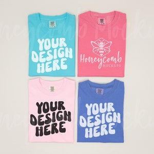 Comfort Colors 1717 Group Mockup, Folded Shirt Mockup, Lagoon Blue 1717, Crunchberry 1717, Blossom 1717, Flo Blue 1717, 1717 Mockup