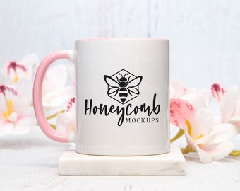 11oz Pink Accent Mug Mockup, Mug Mockup with Flowers, Pink Handle Mug Mockup, Coffee Mug Mockup, Styled Mug Photo, Mothers Day Mug Mockup