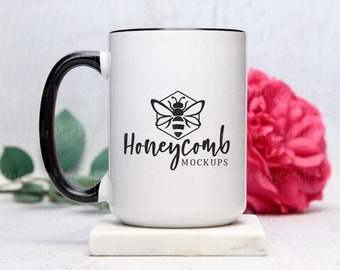 15oz Black Accent Mug Mockup, Valentines Mug Mockup, Mug Mockup with Roses, Black Handle Mug Mockup, Coffee Mug Mockup, Styled Mug Photo