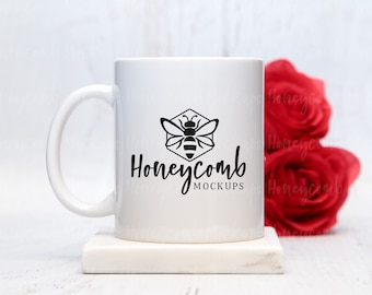 11oz White Mug Mockup, Valentines Mug Mockup, Mug Mockup with Roses, Coffee Mug Mockup, Styled Mug Photo, Blank Mug Mockup, Floral Mug Mock