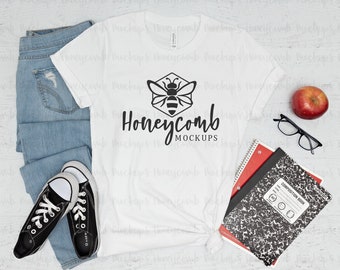 Teacher Bella Canvas 3001 White Mockup, Back to School Mockup, Homeschool Shirt Mockup, Teacher Flat Lay, Teacher SVG Mockup, White Tee Mock