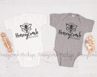 Rabbit Skins 4400 White and Heather Mockup, Sibling Mockup, Baby Bodysuit Mockup, Newborn One Piece Mockup, 4400 Mockup, Twins Mockup