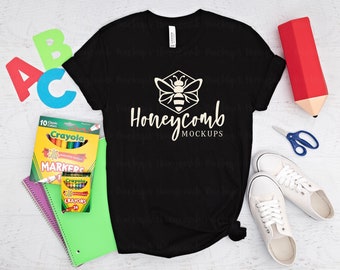 Teacher Bella Canvas 3001 Black Mockup, Back to School Mockup, Black Shirt Teacher Mockup, Teacher Flat Lay, Black 3001 , Teacher SVG Mockup