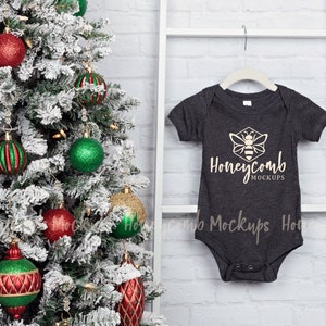 100B Christmas Mockup, Bella Canvas Heather Dark Grey 100B Mockup, Baby Bodysuit Mockup, Dark Grey One Piece Mockup, Christmas Baby Mockup