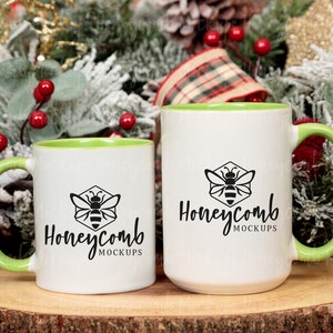 11oz and 15oz Green Accent Mug Mockup, Christmas Mug Mockup, Green Handle Mug Mockup, Two Mugs Mockup, Mug Size Comparison, Holiday Mockup