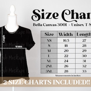 3001 Size Chart, Size Chart for 3001 Bella Canvas, Sizing Chart Mockup, 3001 Sizing Guide, Black 3001 Sizing Chart, 3001 Size Table