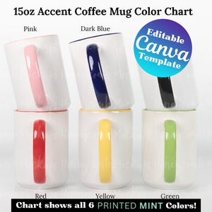 Maqueta de taza de 15 oz con carta de colores para menta impresa, plantilla editable de Canva con carta de colores para taza de 15 oz, guía de colores para maqueta de taza de 15 oz