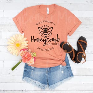 Bella Canvas 3001 Heather Prism Sunset Mockup, Bella + Canvas Heather Prism Sunset Mockup, BC3001 Heather Prism Sunset Spring Flatlay Mockup