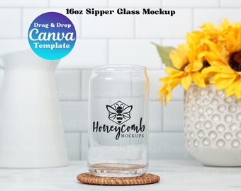 16oz Sipper Glass Mockup, Printify Glass Can Mockup, 16oz Glass Can Canva Mockup, Glass Beer Can Mockup, Can Shaped Glass Mockup 16oz