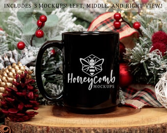 Christmas Mug Mockup, 15oz Black Mug Mockup, Black Ceramic Mug Mockup, Coffee Mug Mockup, Rustic Holiday Mug Mockup, Mug Styled Stock Photo