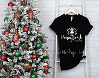 3005 Christmas Mockup, Black 3005 V-Neck Mockup, Bella Canvas Mockup, 3005 Mockup, Hanging Holiday Mockup, Black V-Neck Shirt Mockup