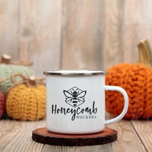 Maqueta de taza de camping esmaltada de 12 oz, maqueta de taza de camping de otoño, maqueta de taza de camping esmaltada, maqueta de taza esmaltada con borde plateado, maqueta de taza de café para camping
