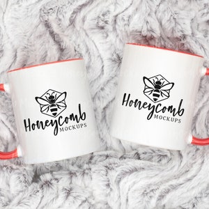 11oz Red Accent Mug Mockup, Two Mugs Mockup, Front Back Mug Mockup, Both Sides Mug Mockup, Double Mug Mockup, Side by Side Mugs Mockup