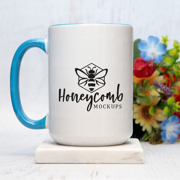 15oz Blue Accent Mug Mockup, Mug Mockup with Flowers, Blue Handle Mug Mockup, Coffee Mug Mockup, Styled Mug Photo, Mothers Day Mug Mockup