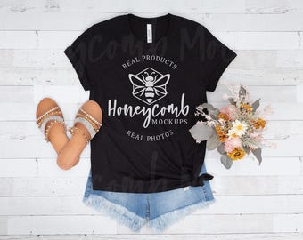 Heather Black Bella Canvas 3001 Mockup, Heather Black 3001 Summer Flat Lay, Real BC3001 Mockup, Bella Canvas Heather Black Flat Lay Mockup