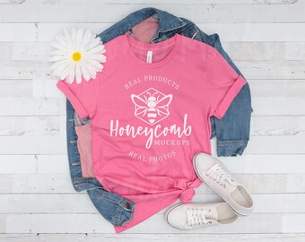 Bella Canvas Charity Pink 3001 Mockup, Charity Pink Bella Canvas T-Shirt Mockup, Real Charity Pink BC3001 Mockup, 3001 Summer Flat Lay
