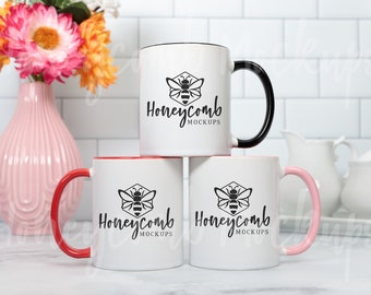 11oz Accent Mug Mockup, Two Tone Mug Mockup, Black Accent Mug Mockup, Pink Accent Mug Mockup, Red Accent Mug Mockup, Three Mugs Mockup, Trio