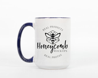 15oz Dark Blue Accent Mug Mockup, Navy Two-Tone Mug Mockup, Navy Handle and Interior Mug Mockup, Dark Blue Colorful Mug Mockup 15 Ounce