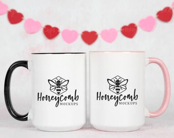 Valentines Mug Mockup, 15oz Accent Mug Mockup, Black Accent Mug Mockup, Pink Accent Mug Mockup, Two Mugs Mockup, Front Back Mug Mockup