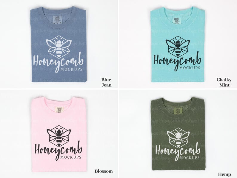 May include: Four folded t-shirts in different colors: blue jean, chalky mint, blossom, and hemp. Each shirt features a white or black honeycomb graphic with a bee inside and the text "Honeycomb Mockups".