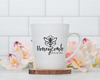 White Latte Mug Mockup, 12oz Latte Mockup, Printify Latte Mug Mockup, Mothers Day Mug Mockup, Latte Mug Mockup with Flowers, Latte Mockup