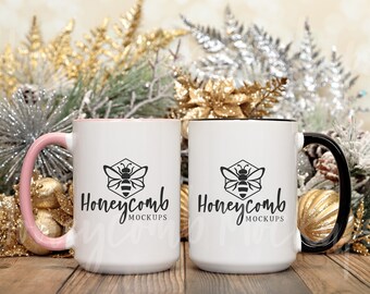 15oz Black Accent Mug Mockup, 15oz Pink Accent Mug Mockup, Christmas Mug Mockup, Two Mugs Mockup, Matching Mug Mockup, Couples Mug Mockup