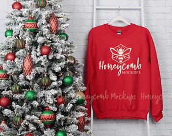 Gildan 18000 Red Christmas Mockup, 18000 Christmas Mockup Red, Gildan Red Sweatshirt Mockup, Hanging 18000 Mockup, Crewneck Sweatshirt Mock