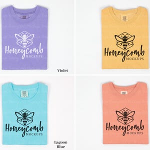 May include: Four different colored t-shirts with a bee graphic and the text "Honeycomb Mockups" printed on the front. The colors are violet, mustard, lagoon blue, and terracotta.