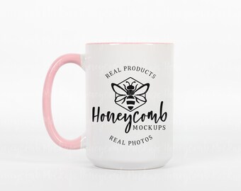 15oz Pink Accent Mug Mockup, 15 oz Pink Two-Tone Mug Mockup, Pink Handle and Interior Mug Mockup, Pink Colorful Mug Mockup 15 Ounce, POD Mug