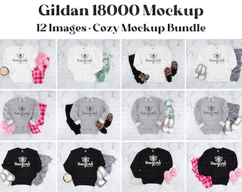 Gildan 18000 mockup-bundel, 18000-sweater-mockup-bundel, Gildan-sweater-mockup-bundel, gezellig sweatshirt-mockup, wit 18000-mockup