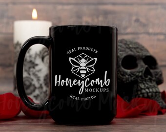 15oz Black Mug Mockup, Dark Romance Mug Mockup, Halloween Mug Mockup, Print on Demand Mug Mockup, Black Coffee Mug Mockup, Gothic Mug Mockup