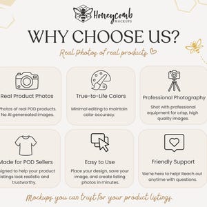 The image is a mockup of a product listing, featuring various product photos and a logo for Honeycomb mockups.