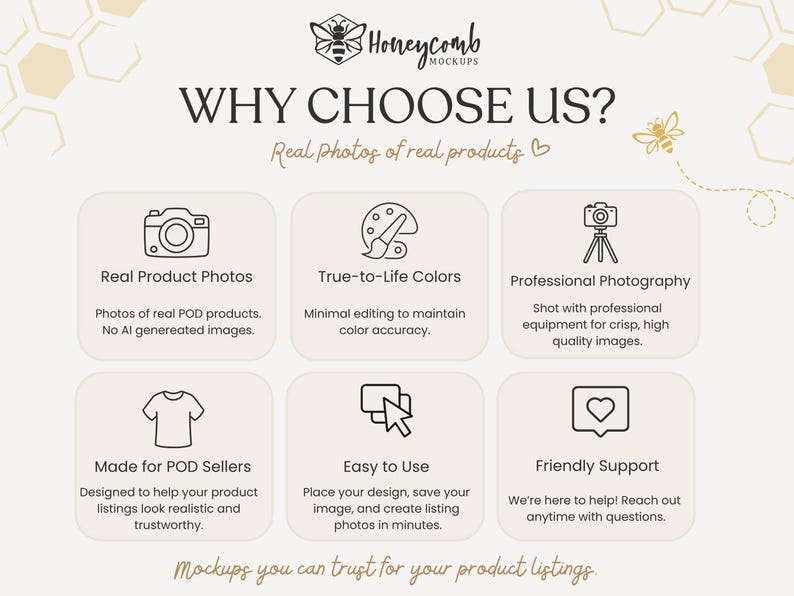 The image is a mockup of a product listing, featuring various product photos and a logo for Honeycomb mockups.