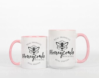 11oz Pink Accent Mug Mockup, 15oz Pink Accent Mug Mockup, Mug Size Comparison Mockup, Pink Handle Mug Mockup, Pink Two-Tone Mug Mockup