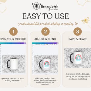The image is a step-by-step guide on how to create a beautiful product photo using a software program called Honeycomb. It provides instructions on how to open the mockup, adjust and blend the design, and save the finished product.