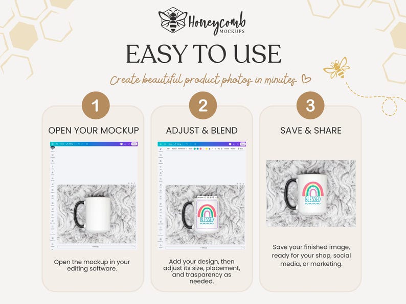 The image is a step-by-step guide on how to create a beautiful product photo using a software program called Honeycomb. It provides instructions on how to open the mockup, adjust and blend the design, and save the finished product.