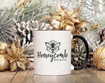 11oz Black Accent Mug Mockup, Christmas Mug Mockup, Elegant Mug Mockup, Black Handle Mug Mockup, Two Tone Mug Mockup, Styled Mug Photo