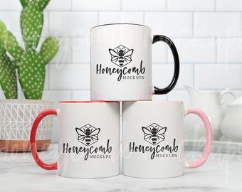 11oz Accent Mug Mockup, Two Tone Mug Mockup, Three Mugs Mockup, Black Accent Mug Mockup, Pink Accent Mug Mockup, Red Accent Mug Mockup, Trio