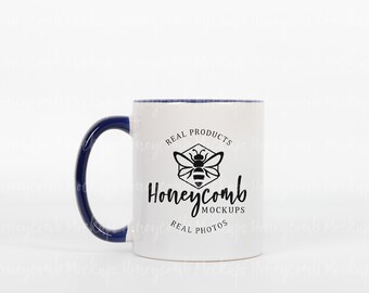 11oz Dark Blue Accent Mug Mockup, Navy Two-Tone Mug Mockup, Navy Handle and Interior Mug Mockup, Dark Blue Colorful Mug Mockup 11 Ounce